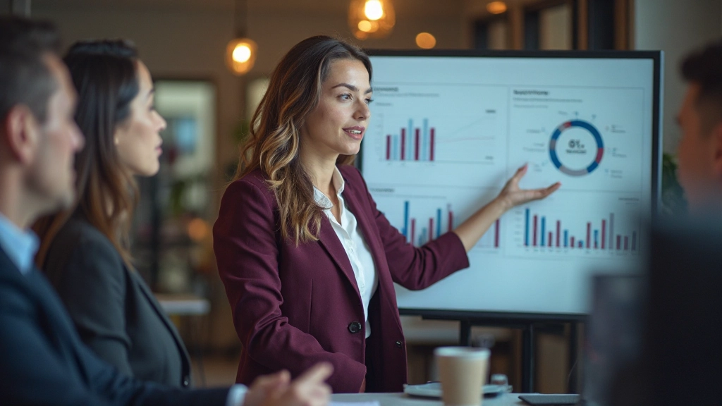 Специалист по маркетингу презентует ключевые показатели производительности команде в конференц-зале