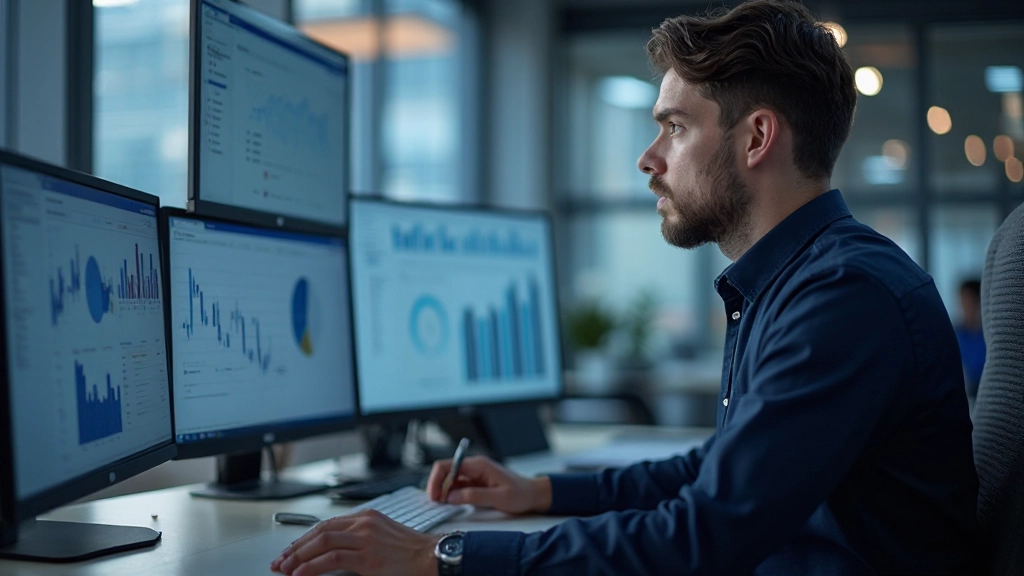 Профессиональный аналитик изучает метрики производительности на мониторе компьютера в современном офисе