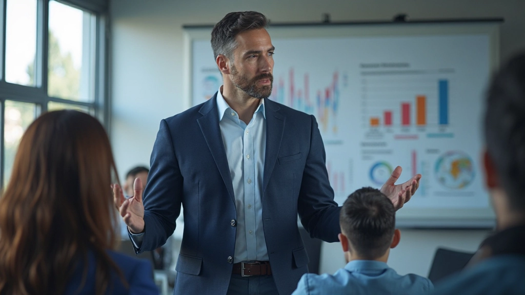 Профессионал проводит презентацию по основам маркетинг-аналитики перед группой специалистов