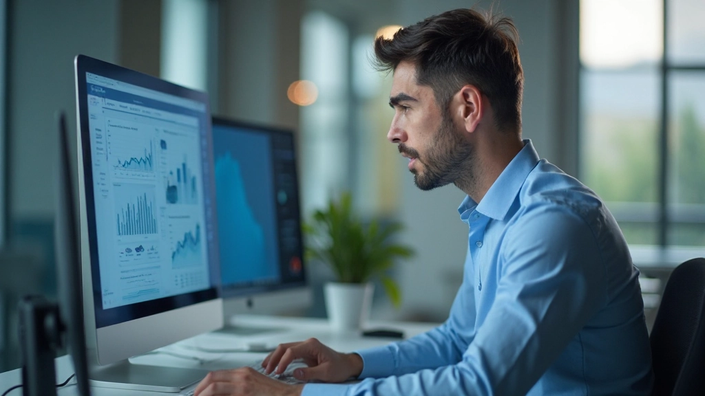 Профессиональный аналитик работает с маркетинговыми данными на компьютере
