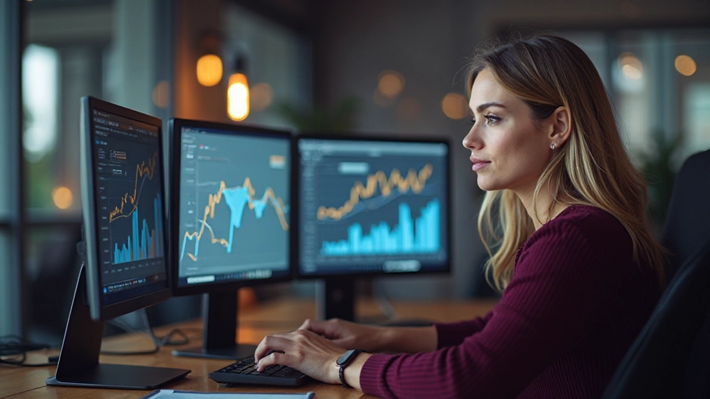 Специалист по данным анализирует графики и статистику маркетинга на нескольких мониторах