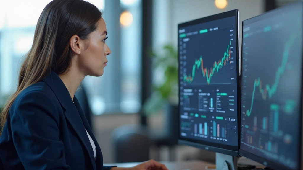 Профессиональный аналитик работает с маркетинговыми данными на нескольких компьютерных мониторах